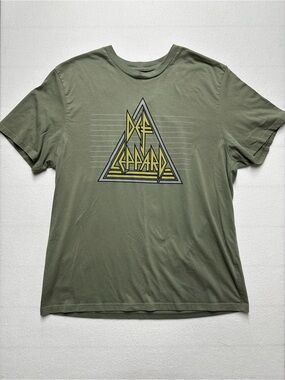 Def Leppard Graphic Tee • Olive Green Tri‑Logo • Size L • P2P 24”